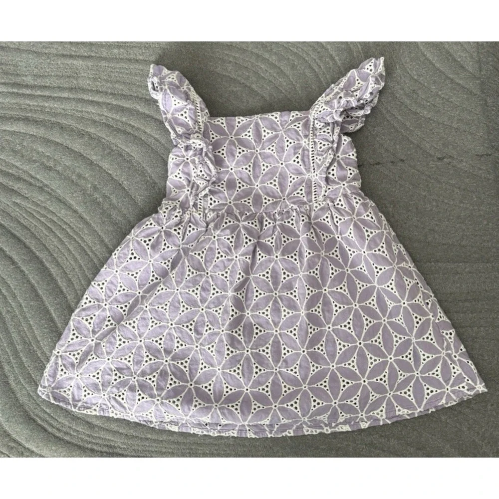 Janie and Jack Girls Dress Size 4 Lavender floral‎ Flutter Sleeves Eyelet purple